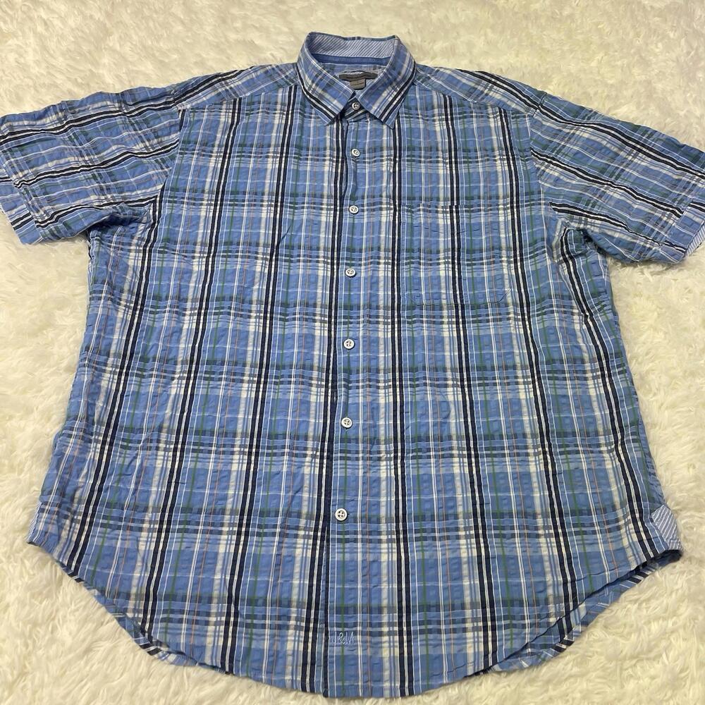 Johnston Murphy Seersucker Shirt L Tailored Fit Short Sleeve Button Up Check